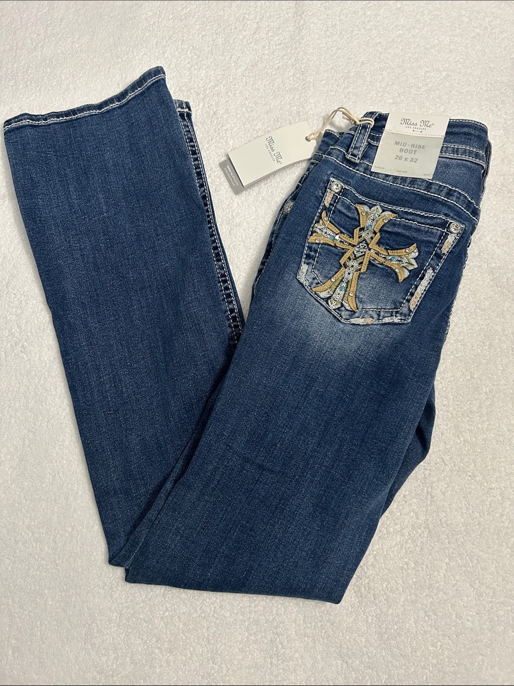 Miss Me 26 x 32 Jeans Mid-rise Boot cut Dark Blue Faux Flap Pocket Slim Fit NWT
